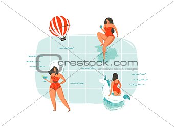 Hand drawn vector abstract cartoon summer time fun swimming young girls group collection illustrations isolated on blue swimming pool waves background.