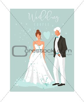 Hand drawn vector abstract cartoon wedding couple illustrations collection element set isolated on blue background.