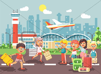 Vector illustration cartoon character late boy run to little children girl standing at airport, departing plane, bag suitcases awaiting for travel trip holiday weekend flat style city background