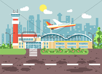 Vector illustration cartoon airport, late delay departing plane, awaiting for travel trip holiday weekend flat style city background for motion design or site banner