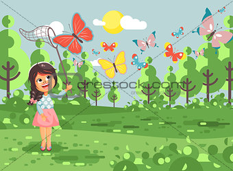 Vector illustration cartoon character lonely child, young naturalist, biologist brunette girl catch colorful butterflies with net, scoop-net, hoop-net on nature outdoor background in flat style