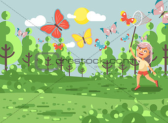 Vector illustration cartoon character lonely child, young naturalist, biologist blonde girl catch colorful butterflies with net, scoop-net, hoop-net on nature outdoor background in flat style