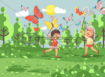 Vector illustration cartoon character two children, young naturalists, biologist boy and girl catch colorful butterflies with nets, scoop-nets, hoop-nets white background in flat style