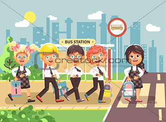Vector illustration cartoon characters children, observance traffic rules, boys and girl schoolchildren classmates go to road pedestrian crossing, bus stop background, back to school flat style