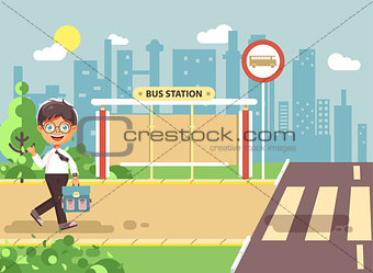 Vector illustration cartoon characters child, observance traffic rules, lonely brunette boy schoolchild, pupil go to road pedestrian crossing on bus stop background, back to school in flat style