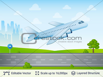 Departing airplane on runway.