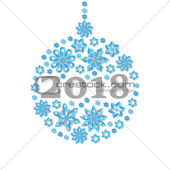Happy New Year 2018 snowflake christmas ball holiday congratulation card.