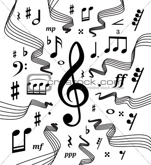 Musical staves vector illustration with music notes and symbols