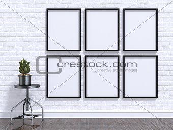 Mock up photo frame with plant, stool, floor and wall. 3D