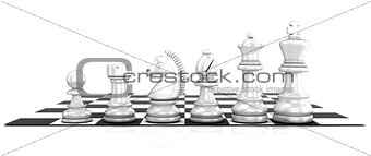 Chess white pieces, standing on board