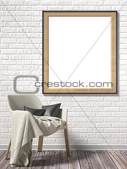 Blank picture frame with white armchair. Mock up poster. 3D