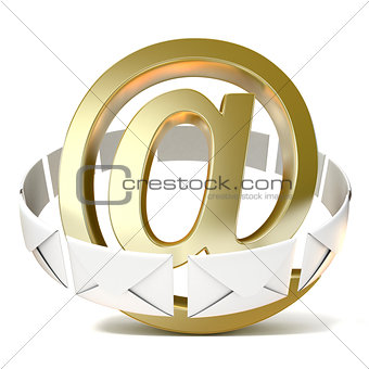 Envelopes around golden e-mail sign. 3D