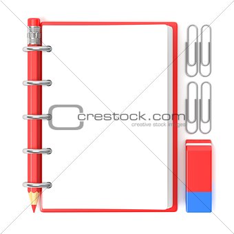 Blank notepad, pencil, rubber and paperclips. 3D