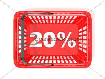 20 percent discount tag in red shopping basket. 3D