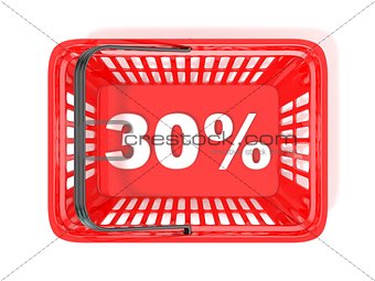 30 percent discount tag in red shopping basket. 3D