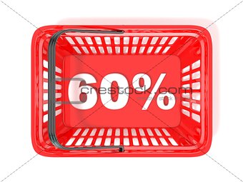 60 percent discount tag in red shopping basket. 3D