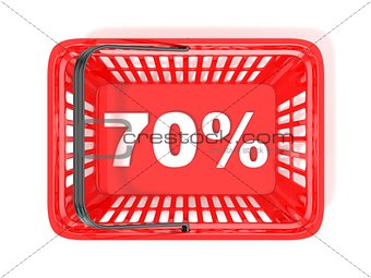 70 percent discount tag in red shopping basket. 3D
