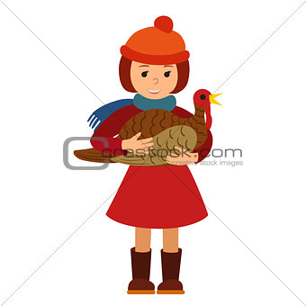 Vector illustration cute little girl holding a big turkey isolated on white background for Happy Thanksgiving Day celebrations.