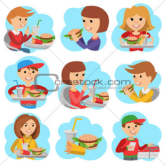 Fast food restaurant. People icones isolated on white background.