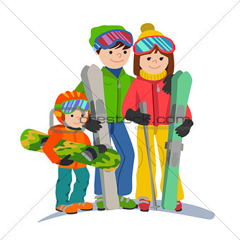 Family skiers vacations in the mountains. Illustration couple parents and child winter sport isolated white background flat style.