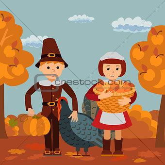 Thanksgiving day children apples and turkey vector illustration. Boy girl in traditional clothes template.
