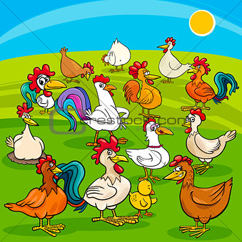 cartoon chickens farm animals group