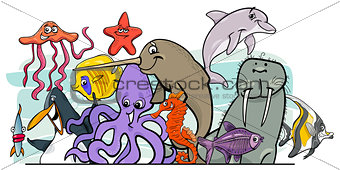 Cartoon sea life animal characters group