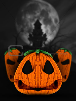3D spooky pumpkins in haunted castle landscape