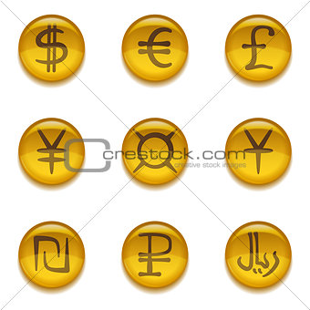 Buttons with currency signs, set