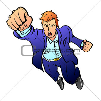Team leader in a blue business suit pulls his hand up in a fist