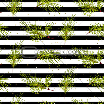 Pine tree branches on black striped background pattern.