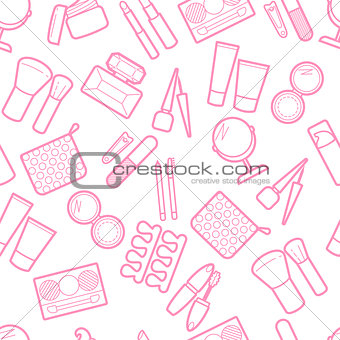 Cosmetic simless pattern. Mascara, lipstick, powder, eye shadow, perfume, cream, foundation, eye liner, mirror, hair comb and other make-up background. Make-up visage backdrop.