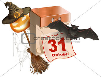October 31 holiday of Halloween. Tear-off calendar. Halloween accessory pumpkin lantern, bat, broom, spider web, hat