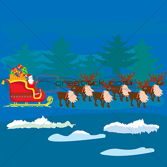 Christmas Santa Claus on sledge with reindeer and gifts 