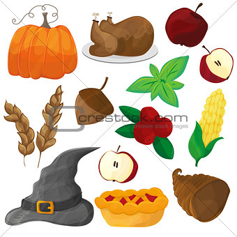 Happy Thanksgiving and halloween cartoon character and objects