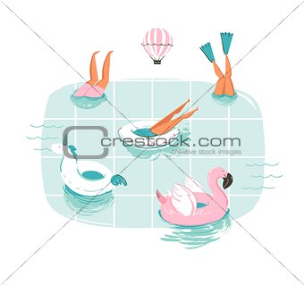 Hand drawn vector abstract cartoon summer time fun cartoon illustration with swimming people in swimming pool with hot air balloons isolated on white background