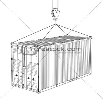 Cargo container hanging on hook of crane