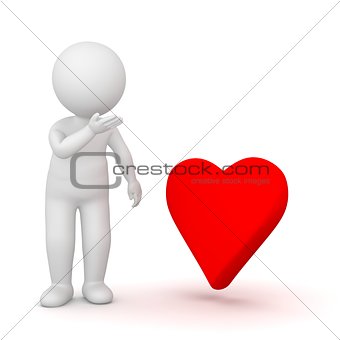 3D Rendering of a shy man looking at a heart shape