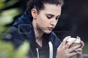 Sad Teenager Young Woman Drinking Coffee Outside