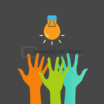Hands and light bulb. Search ideas. Vector print
