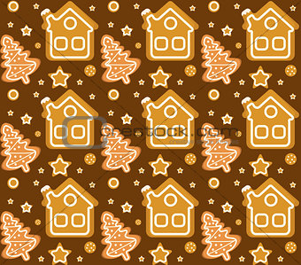 Christmas seamless pattern with gingerbread house and cookie. Cookies endless texture. Winter Holidays, wallpaper, background. Vector illustration.