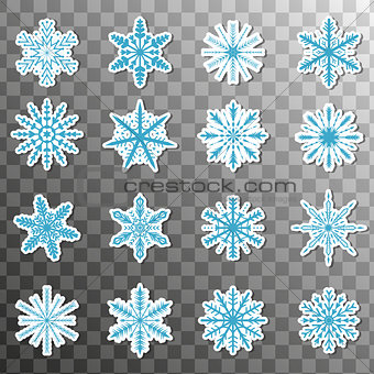 Stickers snowflake icon set isolated on a transparent background. Christmas winter patches badges. Vector illustration