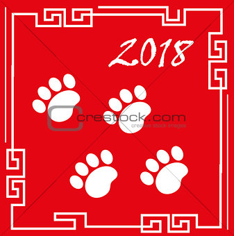 Happy chinese new year 2018 greeting card with traces of dog paws. China new year template for your design. Vector illustration.