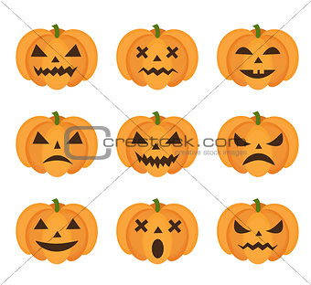 Halloween pumpkin icon set with emoji. Scary emoticons pumpkins collection. Isolated on white background. Vector illustration, clip-art.