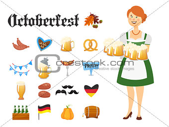 Smiling Bavarian woman dressed in traditional costume and apron with beer glasses and set of Oktoberfest icons. Traditional symbols of autumn holiday of beer isolated on white background. Cartoon style vector illustration