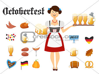 Smiling Bavarian woman brunette dressed in traditional costume and apron with beer glasses and set of Oktoberfest icons. Traditional symbols of autumn holiday of beer isolated on white background. Cartoon style vector illustration