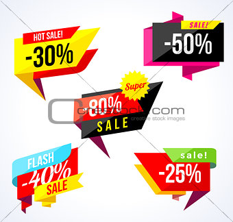 Sale banner collection. Colored stickers and banners. Geometric shapes and confetti. Big set of beautiful discount and promotion banners. Advertising element. Sale banner tag. Vector illustration