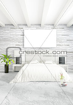 White bedroom minimal style Interior design with wood wall and grey sofa. 3D Rendering. 3D illustration