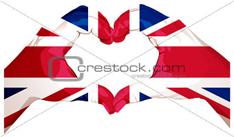 Two palms make heart shape. British flag
