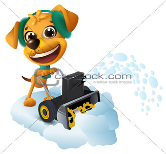Snow removal. Yellow dog cleans snow with snow removing machine